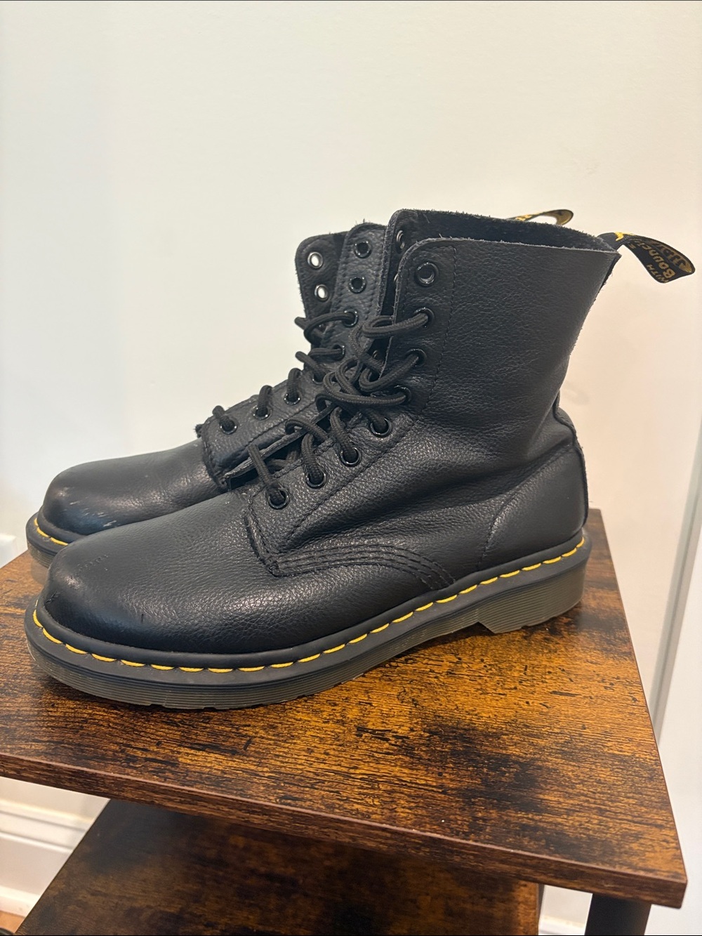 Dr. Martens Black Leather Lace-Up Boots with Yellow Welt Stitching